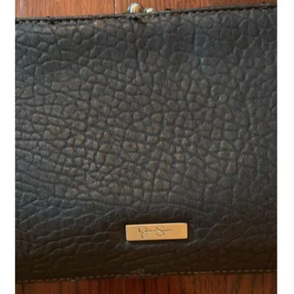 Jessica Simpson Black Pebbled Leather Chain Trim Wristlet Clutch - Picture 4 of 7